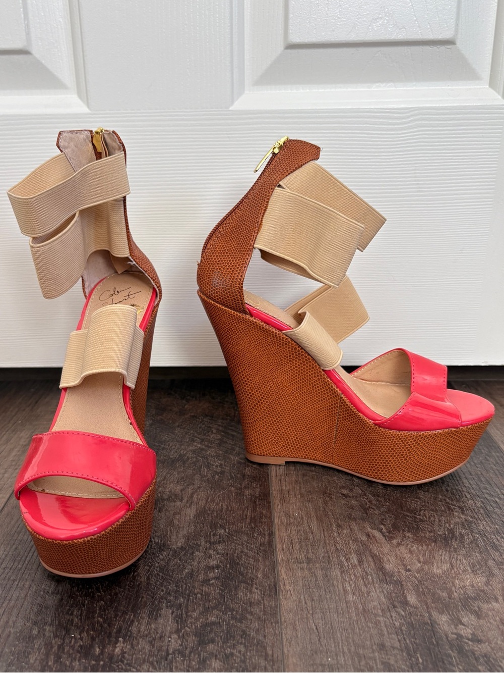 Colin Stuart Coral and Tan High Wedge Sandals